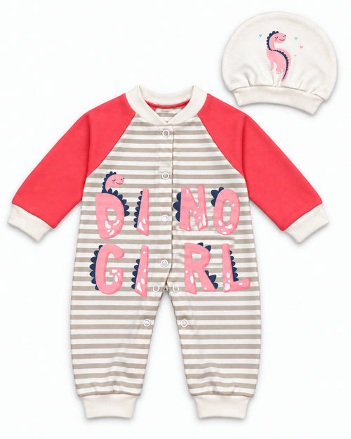 Baby Dream neon red dinosaur sleepsuit and hat set, complete two-piece set