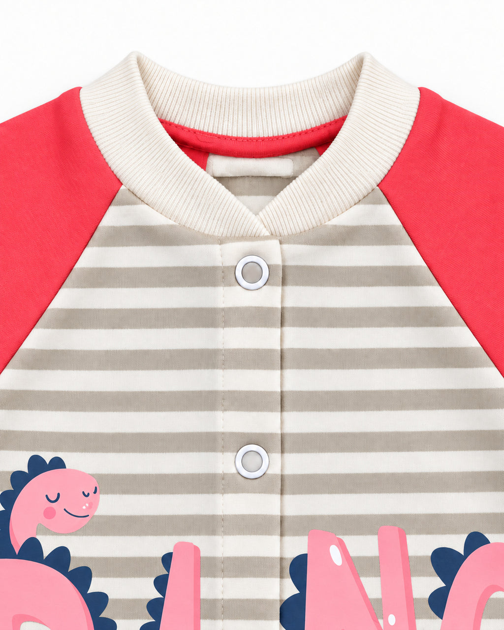 Baby Dream neon red dinosaur sleepsuit and hat set, neckline and front snap detail