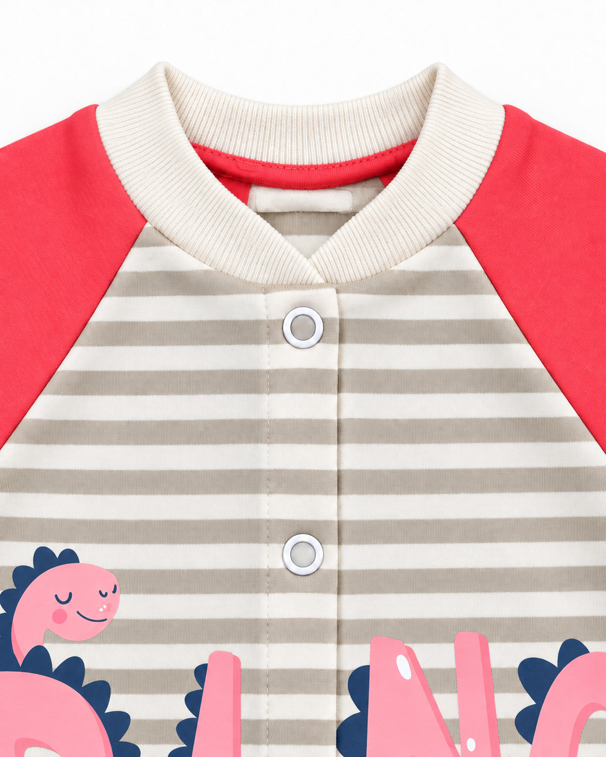 Baby Dream neon red dinosaur sleepsuit and hat set, neckline and front snap detail