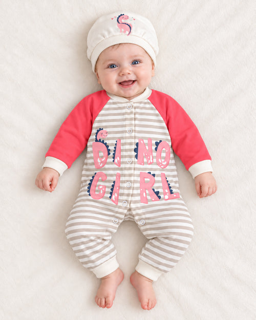 Baby Dream neon red dinosaur sleepsuit and hat set, baby wearing the complete outfit