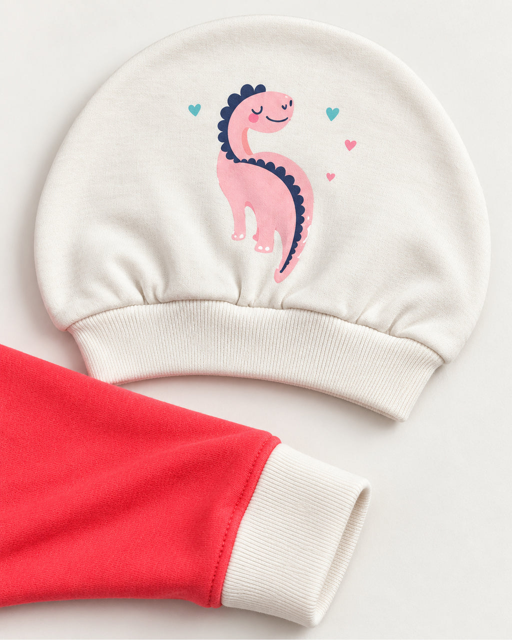 Neon red dinosaur set printed hat and sleepsuit sleeve cuff detail