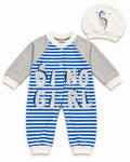Baby Dream grey & blue dinosaur sleepsuit and hat set, complete two-piece set