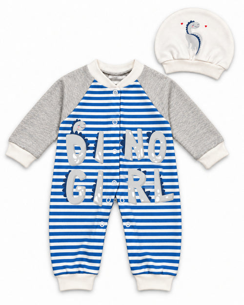 Baby Dream grey & blue dinosaur sleepsuit and hat set, complete two-piece set
