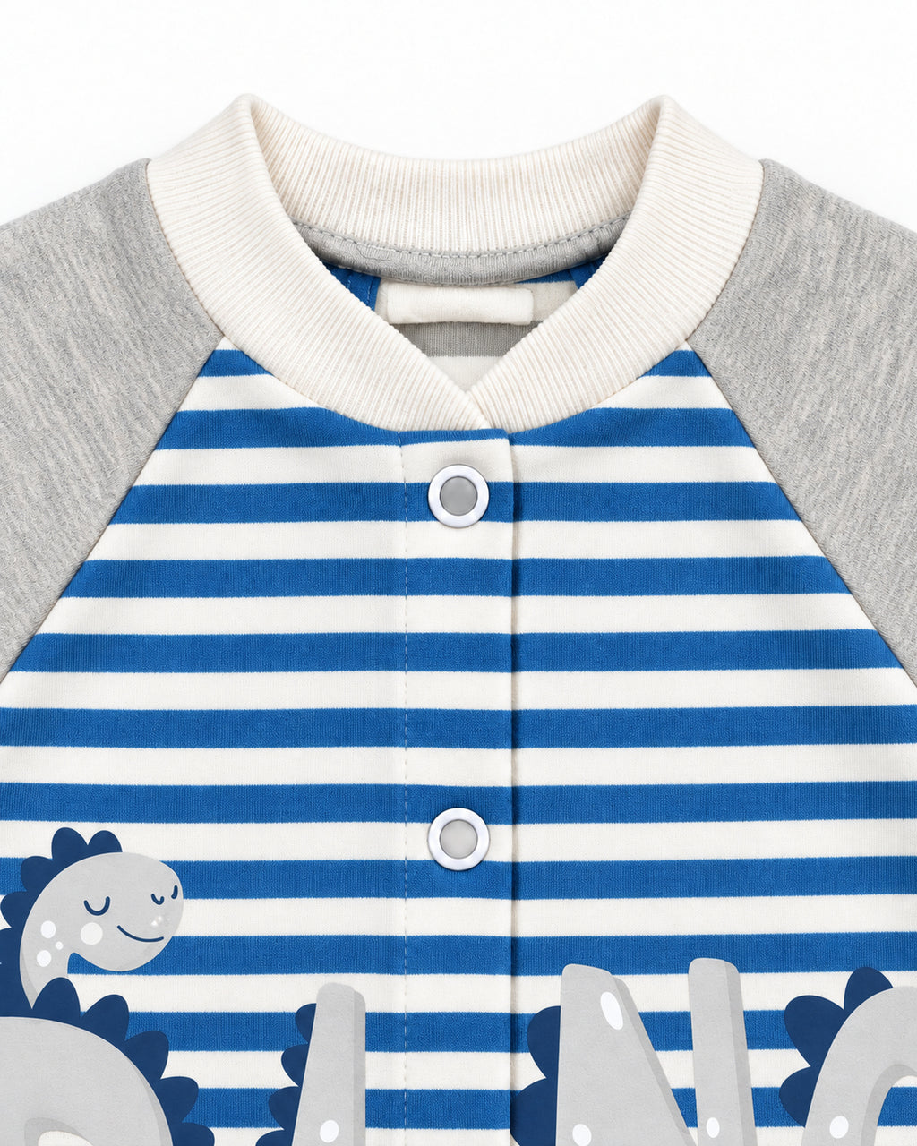 Baby Dream grey & blue dinosaur sleepsuit and hat set, neckline and front snap detail