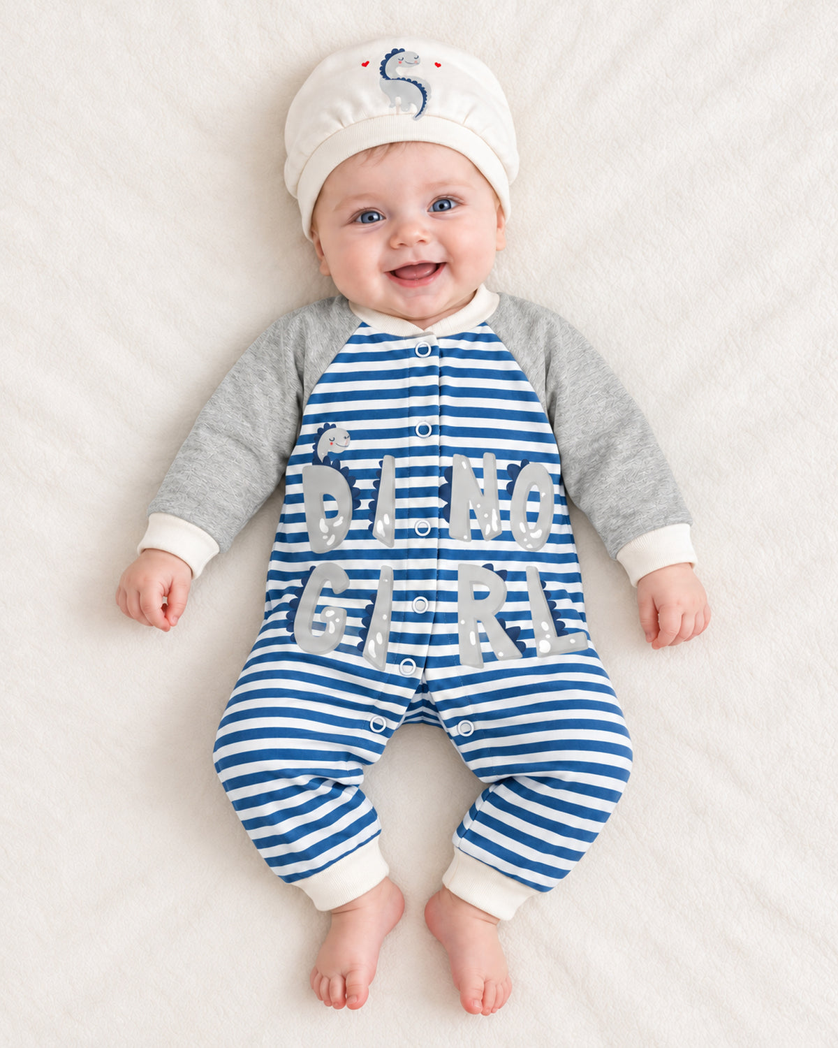 Baby Dream grey & blue dinosaur sleepsuit and hat set, baby wearing the complete outfit