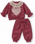 Burgundy lace-collar baby girl outfit, complete outfit with all included pieces