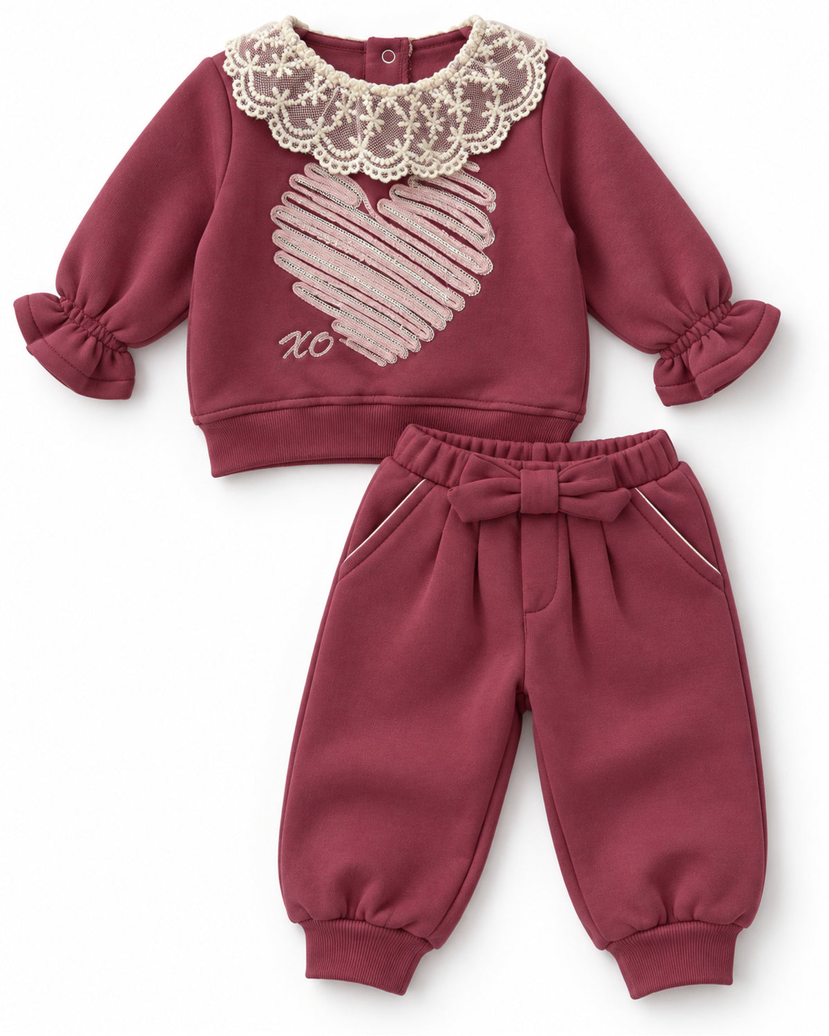 Burgundy lace-collar baby girl outfit, complete outfit with all included pieces