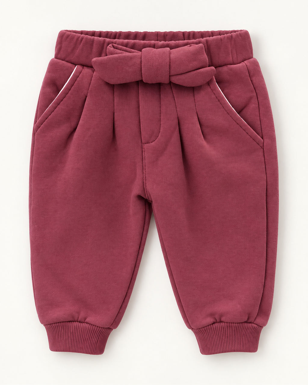 Burgundy lace-collar baby girl outfit, matching trousers with waist bow, pockets and ribbed cuffs