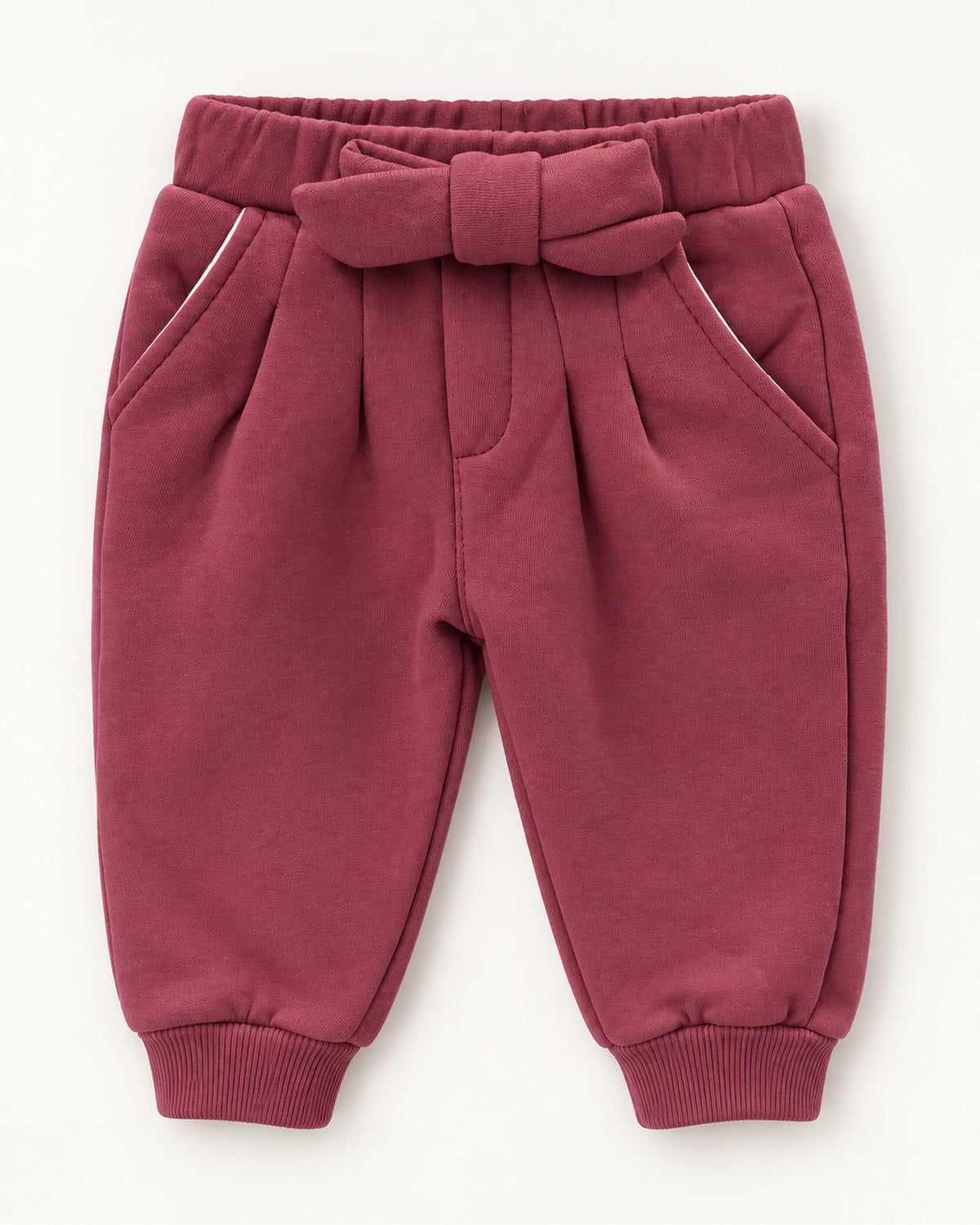 Burgundy lace-collar baby girl outfit, matching trousers with waist bow, pockets and ribbed cuffs