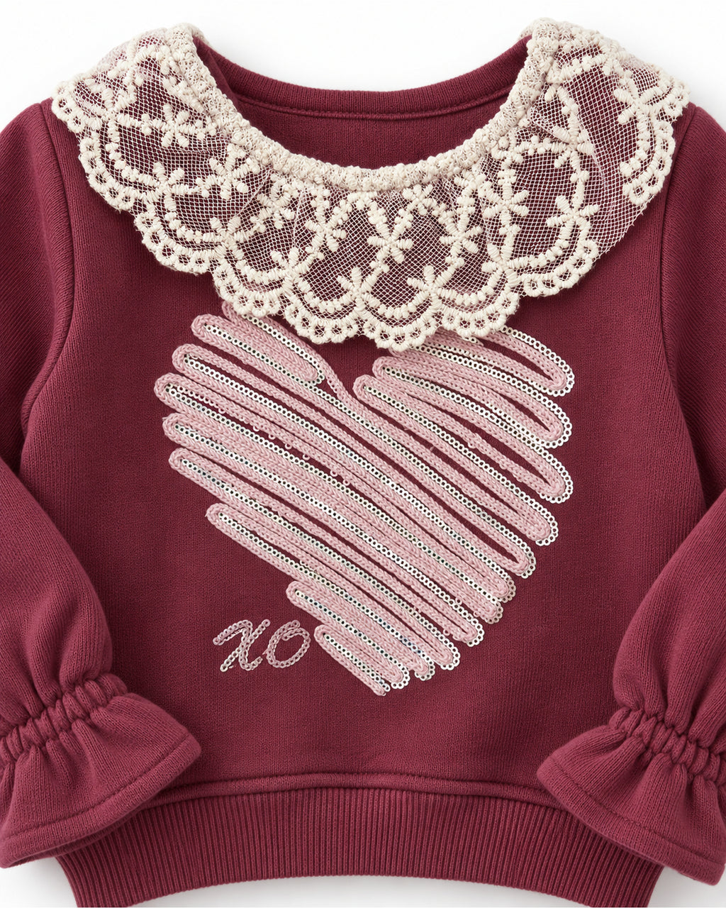Burgundy lace-collar baby girl outfit, ivory lace and light pink sequin heart detail