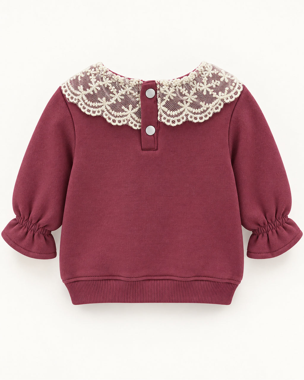 Burgundy lace-collar baby girl outfit, sweatshirt back with two neck press studs