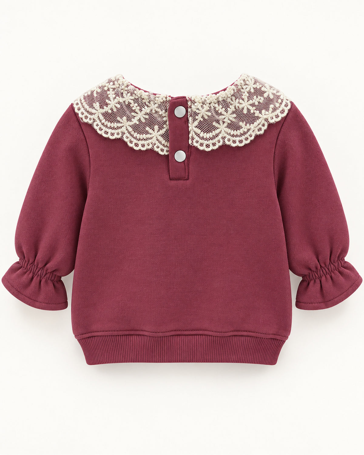 Burgundy lace-collar baby girl outfit, sweatshirt back with two neck press studs