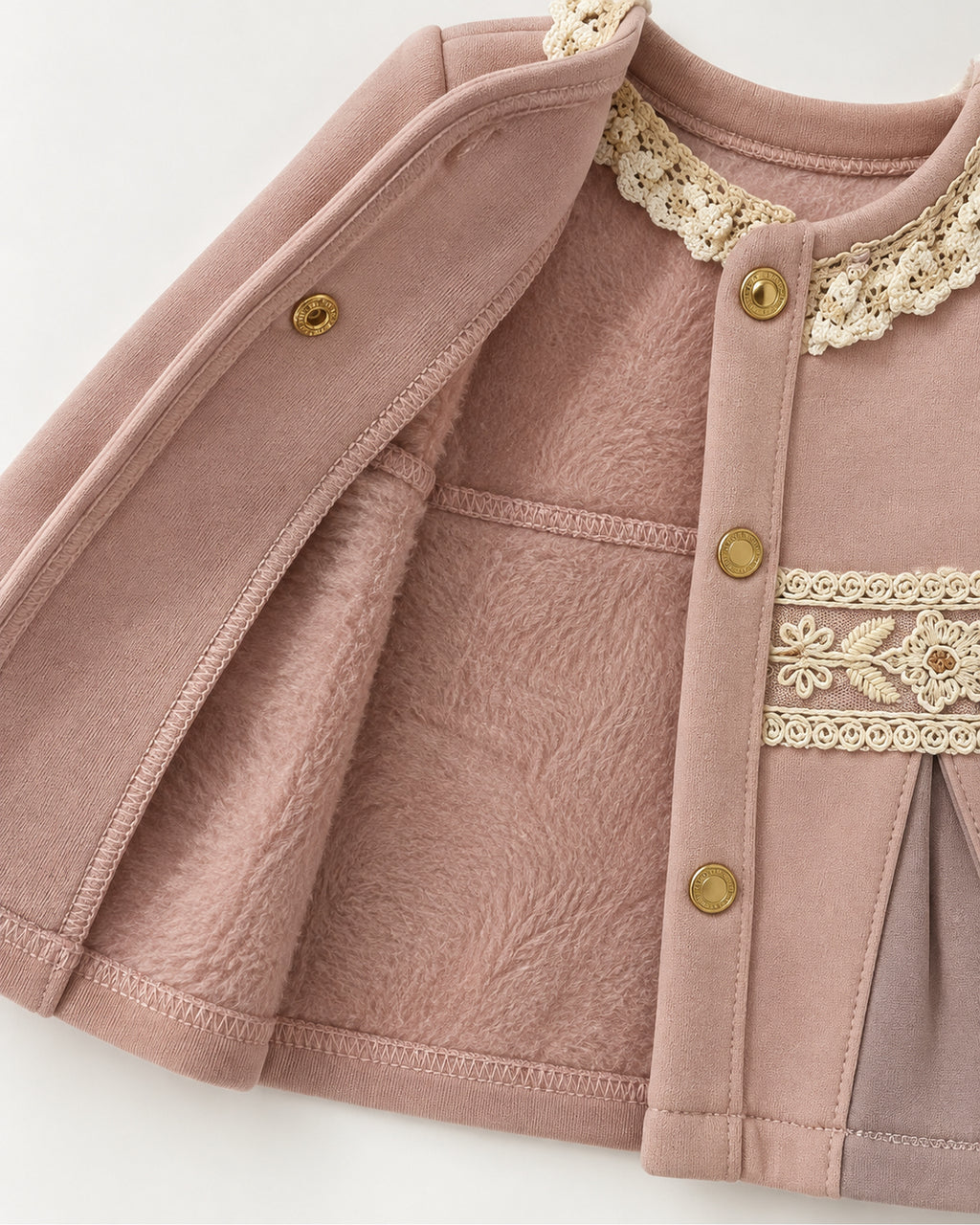 Dusty rose baby girl three-piece lace jacket outfit, jacket opened to show its plush interior