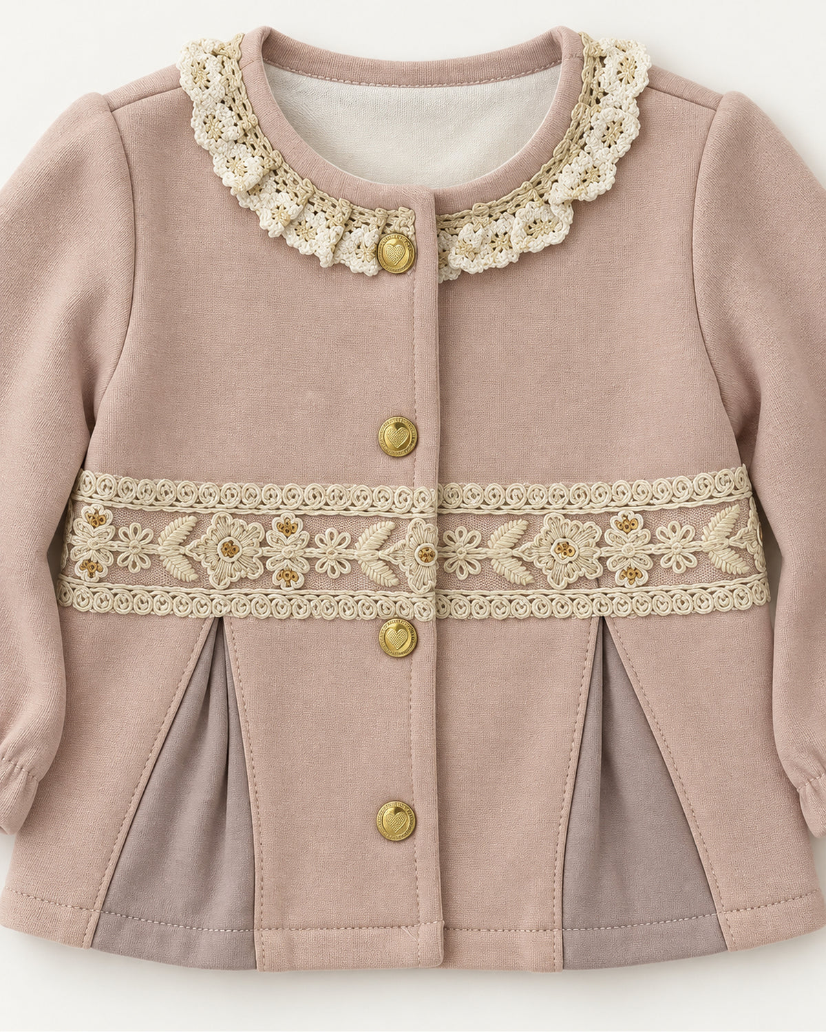 Dusty rose baby girl three-piece lace jacket outfit, scalloped neckline, floral lace waist trim and gold-tone heart buttons