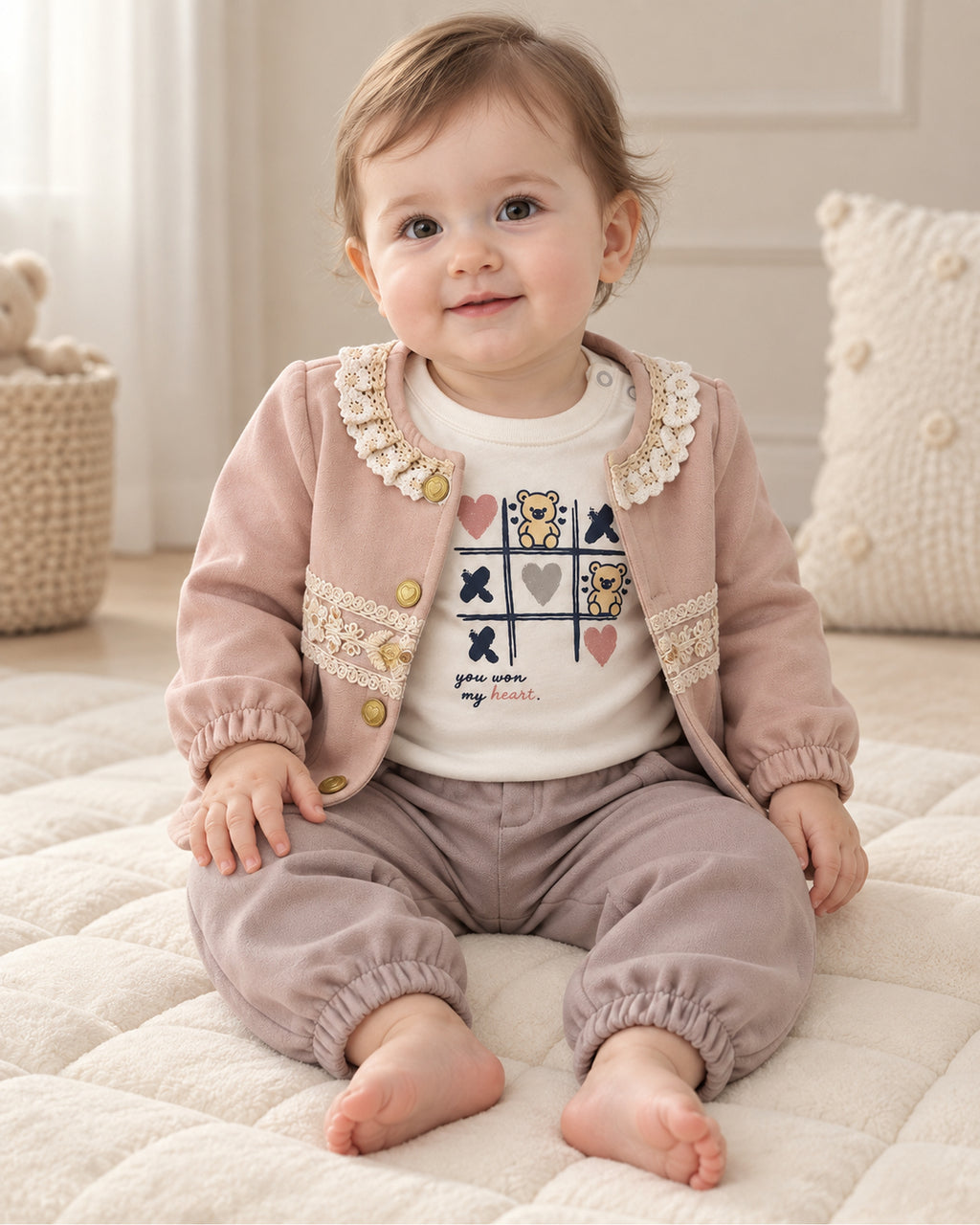 Dusty rose baby girl three-piece lace jacket outfit, full outfit on a seated baby model