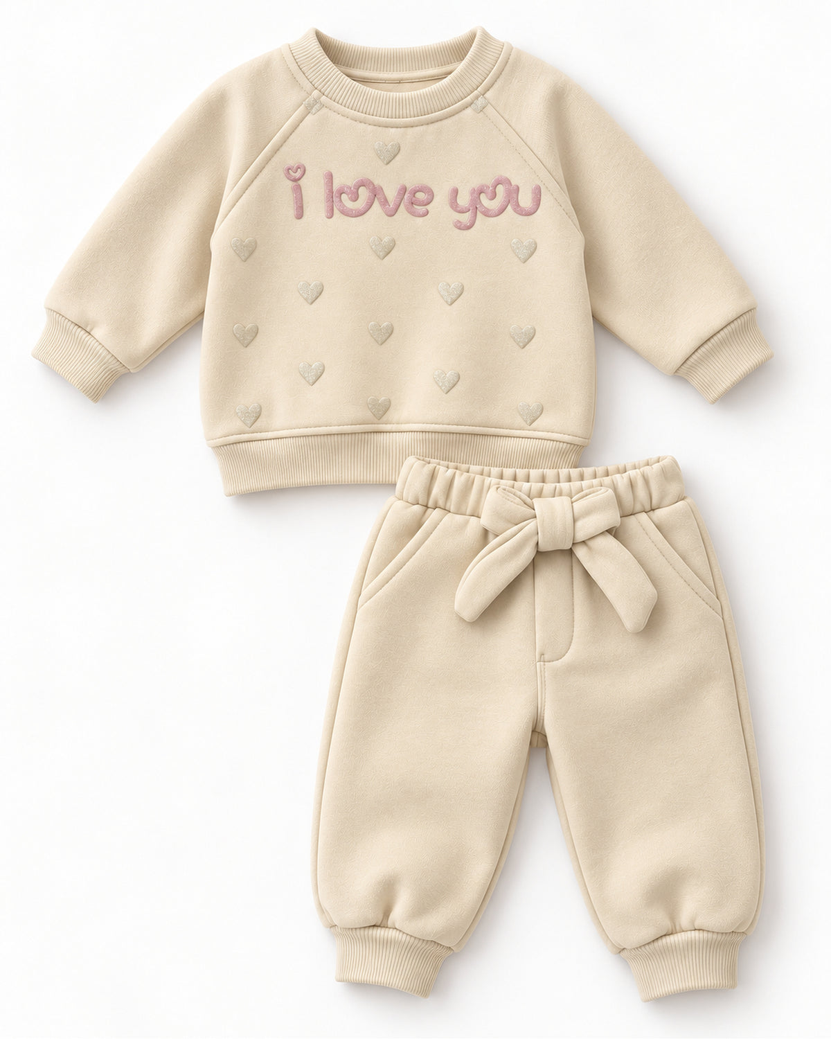 Cream-beige baby I love you sweatshirt and joggers set, complete outfit with all included pieces