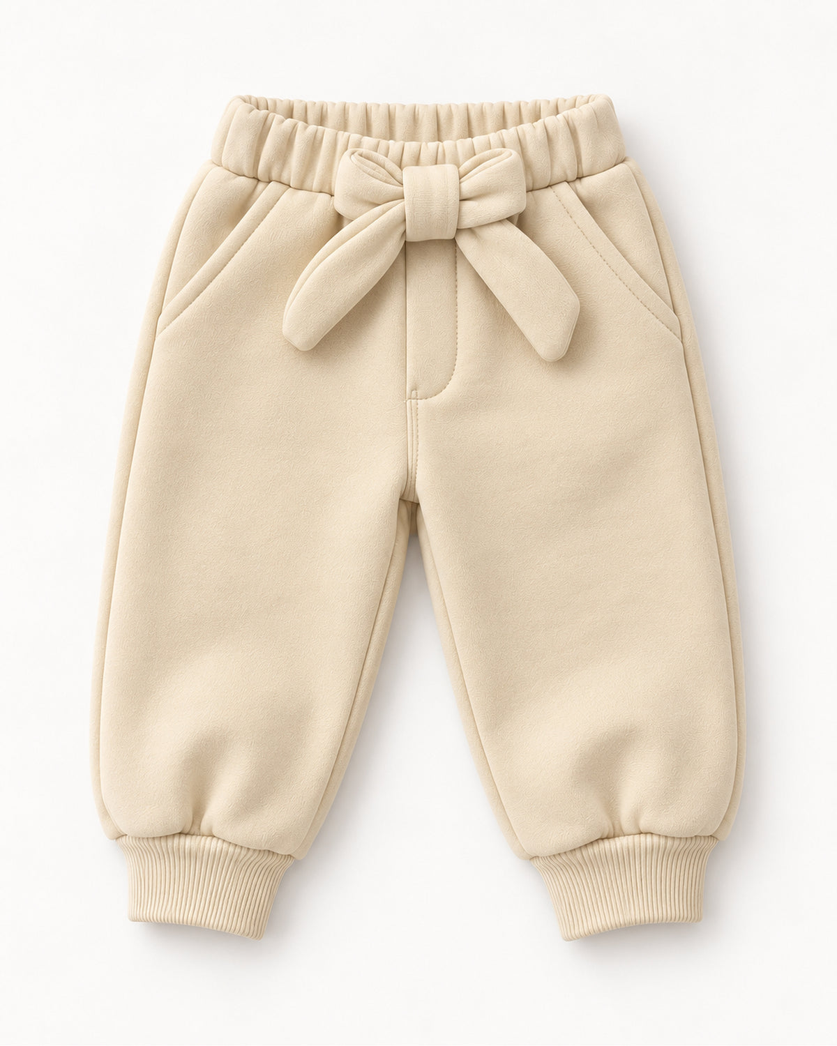 Cream-beige baby I love you sweatshirt and joggers set, joggers showing the bow waist, side pockets and ribbed ankle cuffs