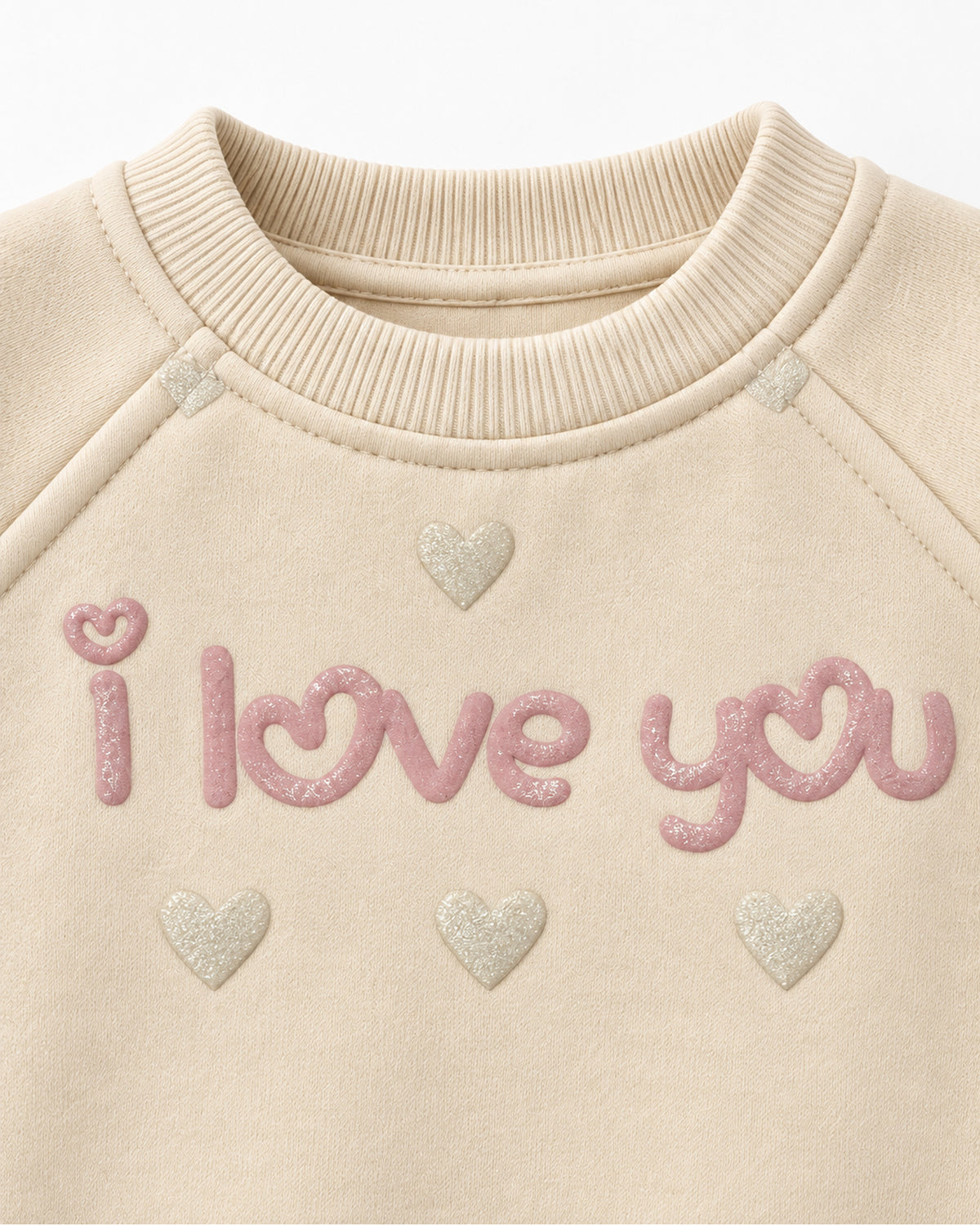 Cream-beige baby I love you sweatshirt and joggers set, muted pink lettering, shimmering hearts and ribbed neckline