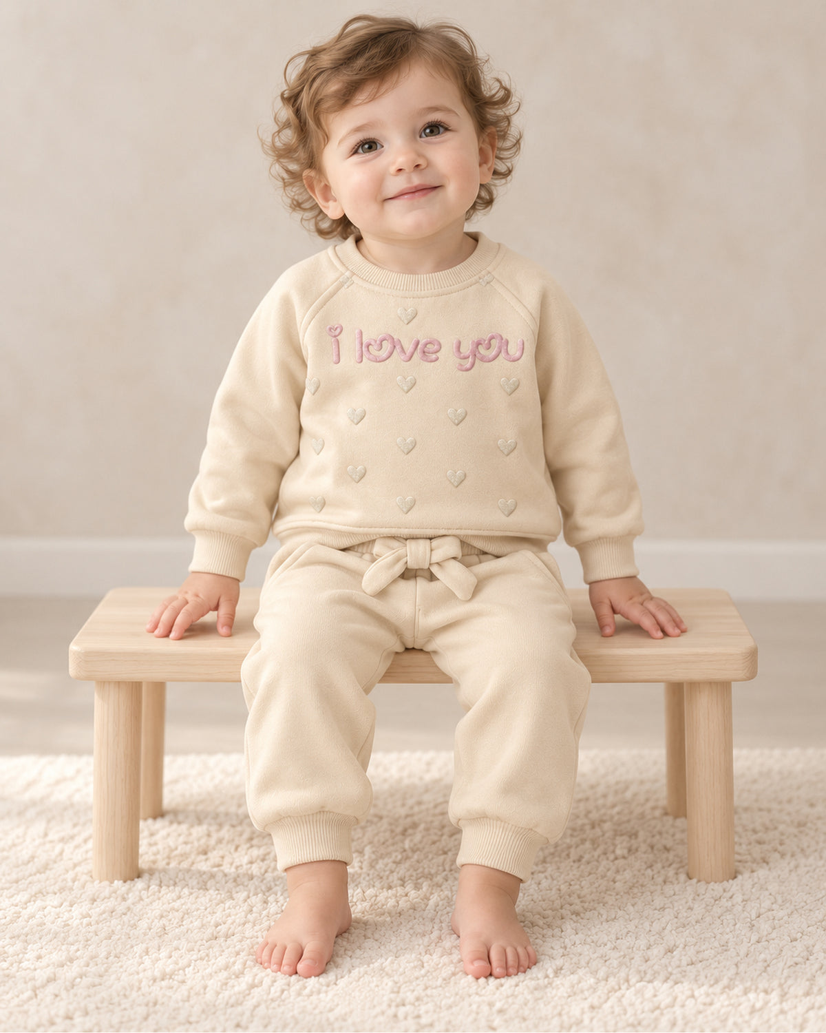 Cream-beige baby I love you sweatshirt and joggers set, full outfit on a baby seated on a low bench