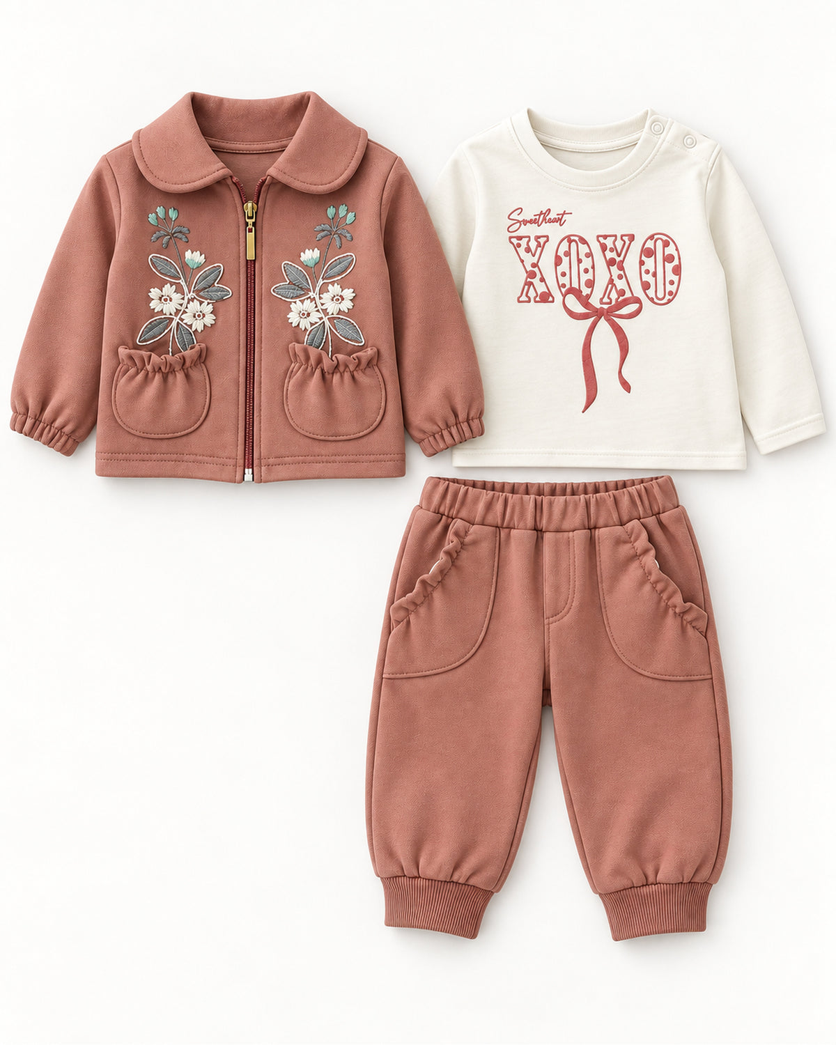 Dark dusty rose baby girl embroidered jacket, XOXO top and joggers set, complete outfit with all included pieces