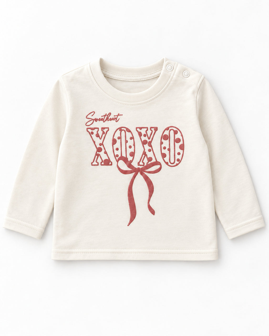 Dark dusty rose baby girl embroidered jacket, XOXO top and joggers set, ivory long-sleeve top with Sweetheart XOXO bow print and shoulder press studs