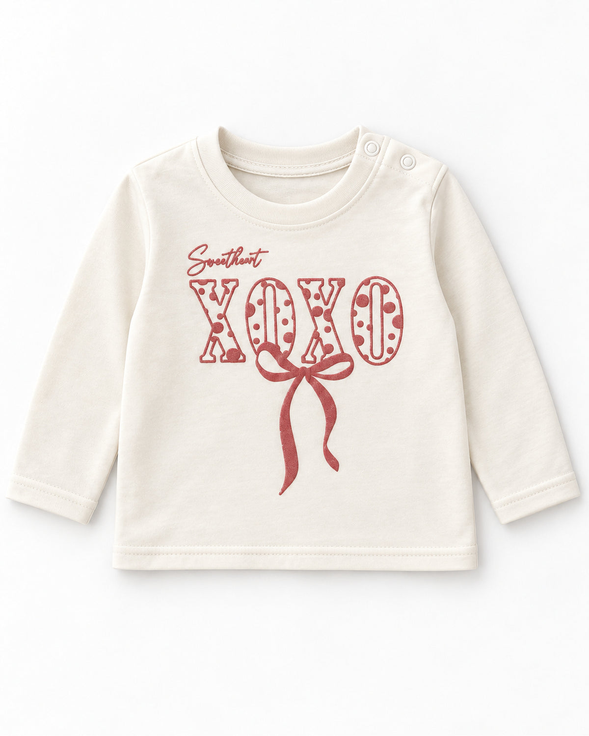 Dark dusty rose baby girl embroidered jacket, XOXO top and joggers set, ivory long-sleeve top with Sweetheart XOXO bow print and shoulder press studs