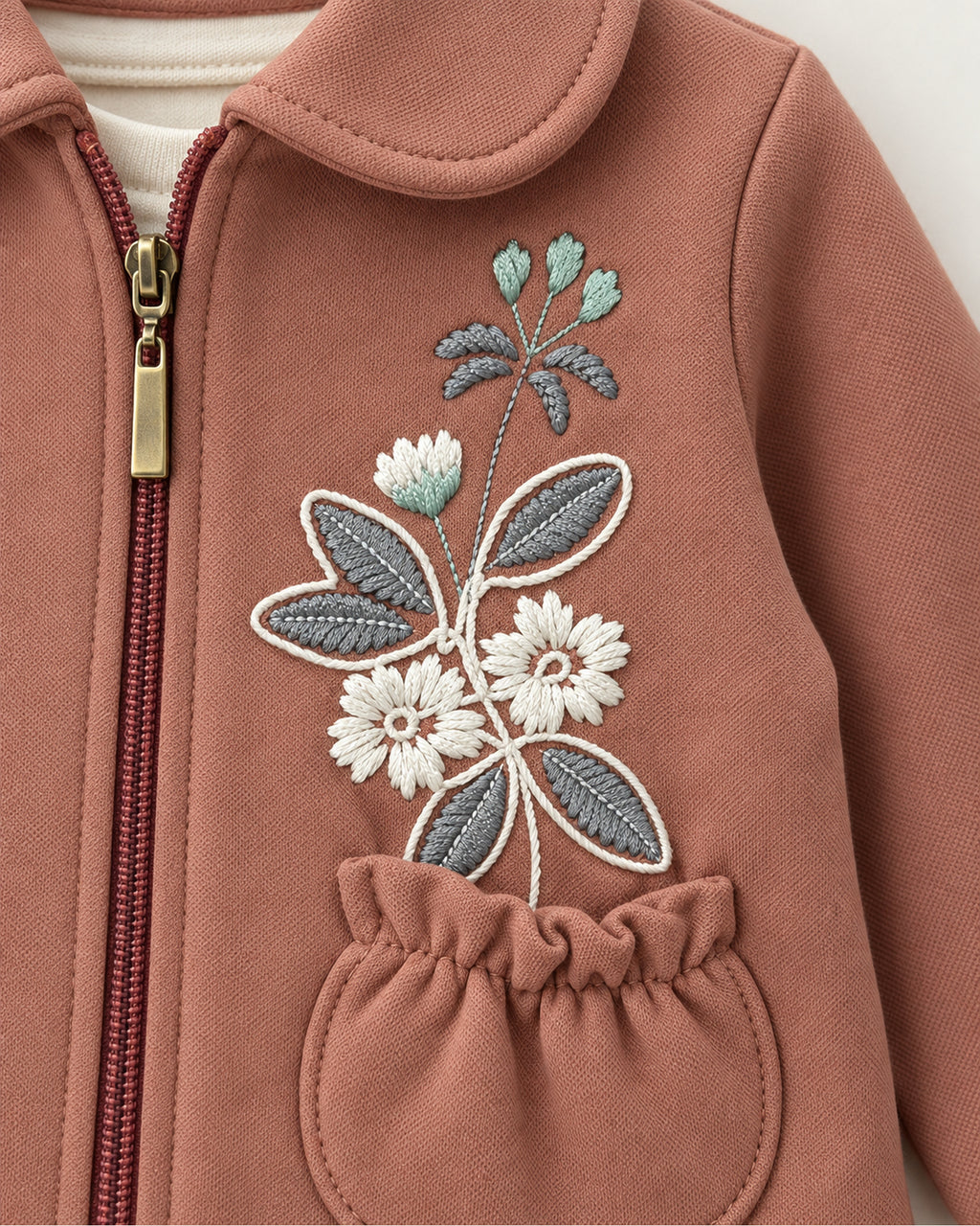 Dark dusty rose baby girl embroidered jacket, XOXO top and joggers set, floral embroidery, zipper and ruffled jacket pocket