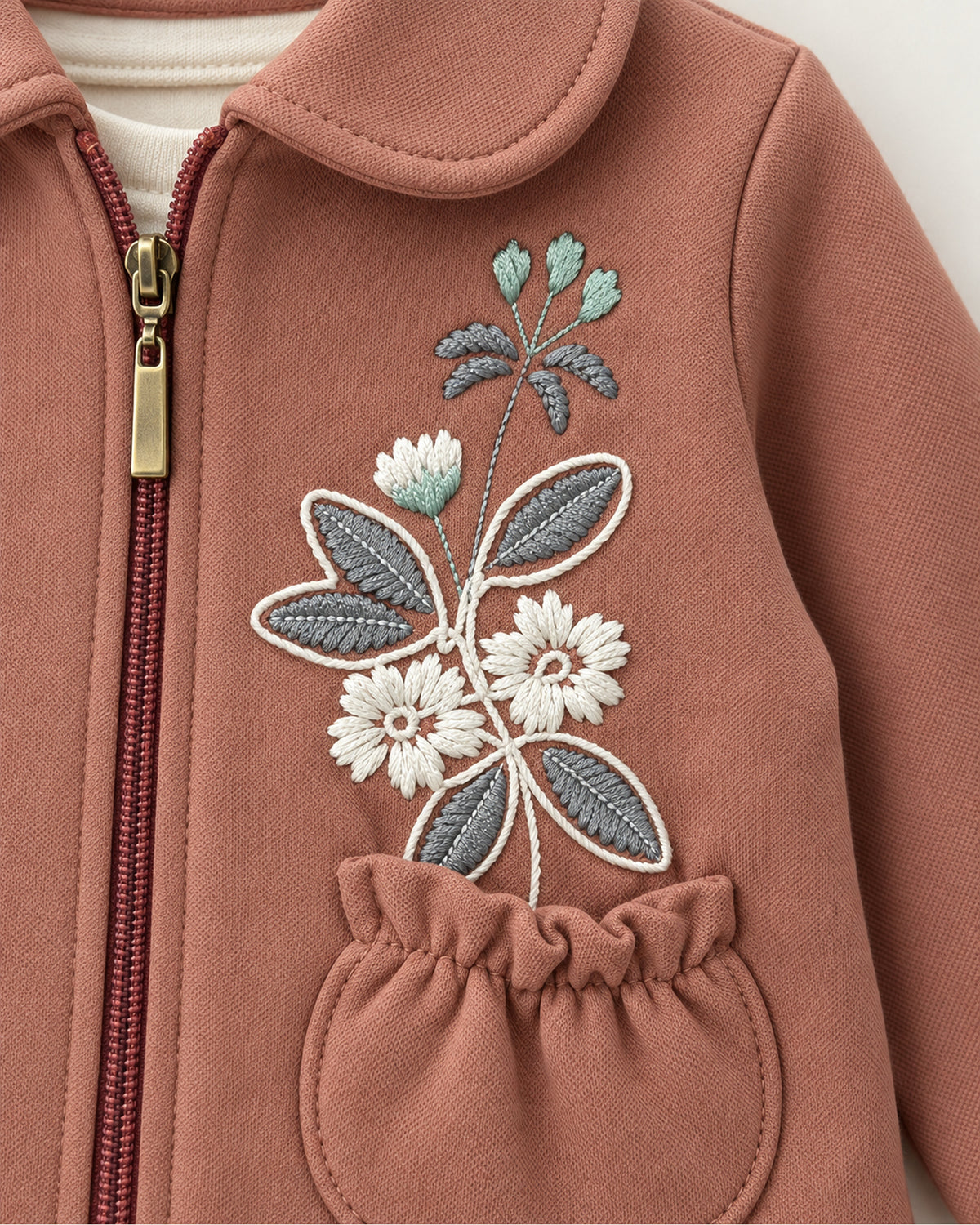 Dark dusty rose baby girl embroidered jacket, XOXO top and joggers set, floral embroidery, zipper and ruffled jacket pocket