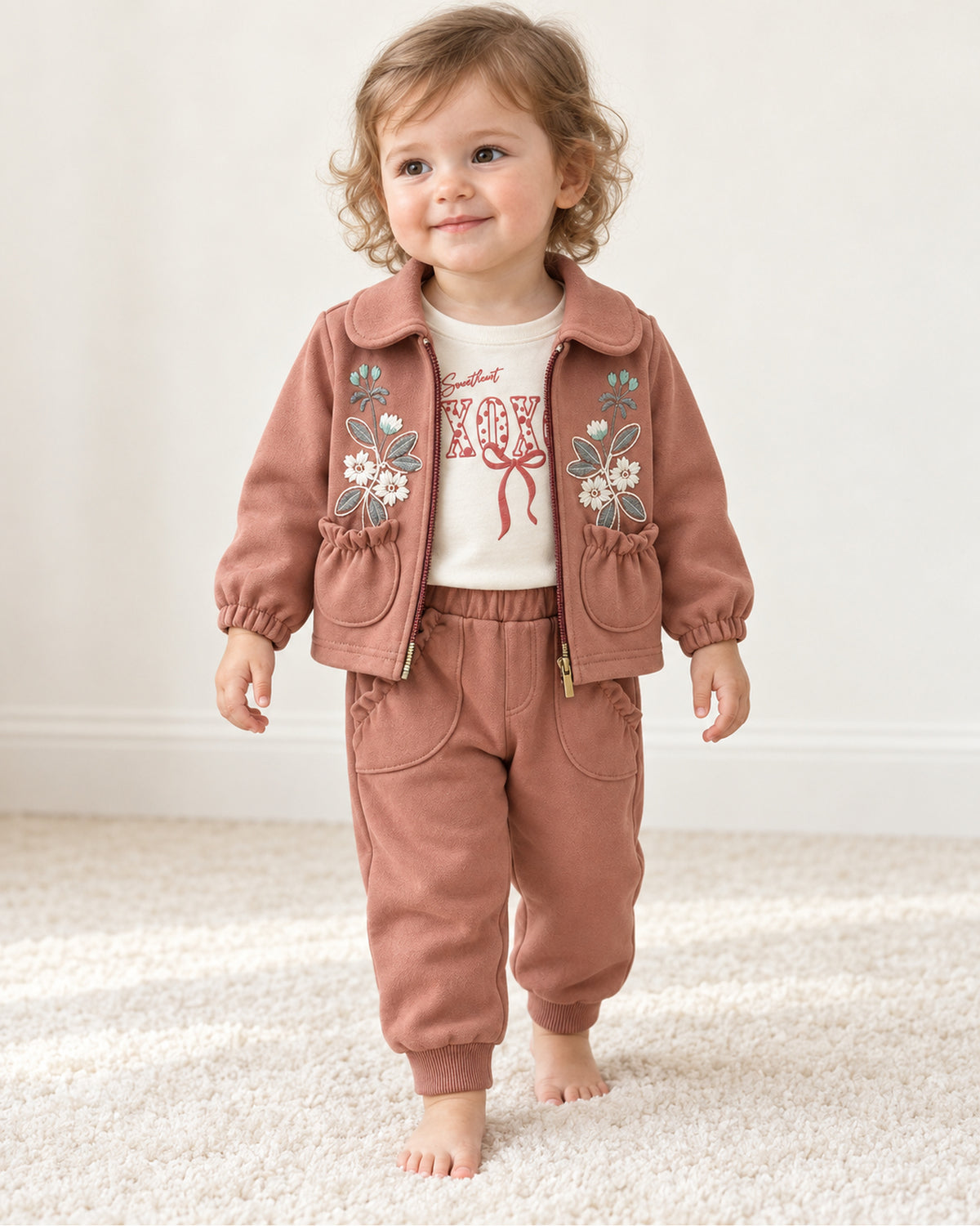 Dark dusty rose baby girl embroidered jacket, XOXO top and joggers set, full three-piece outfit on a standing baby girl