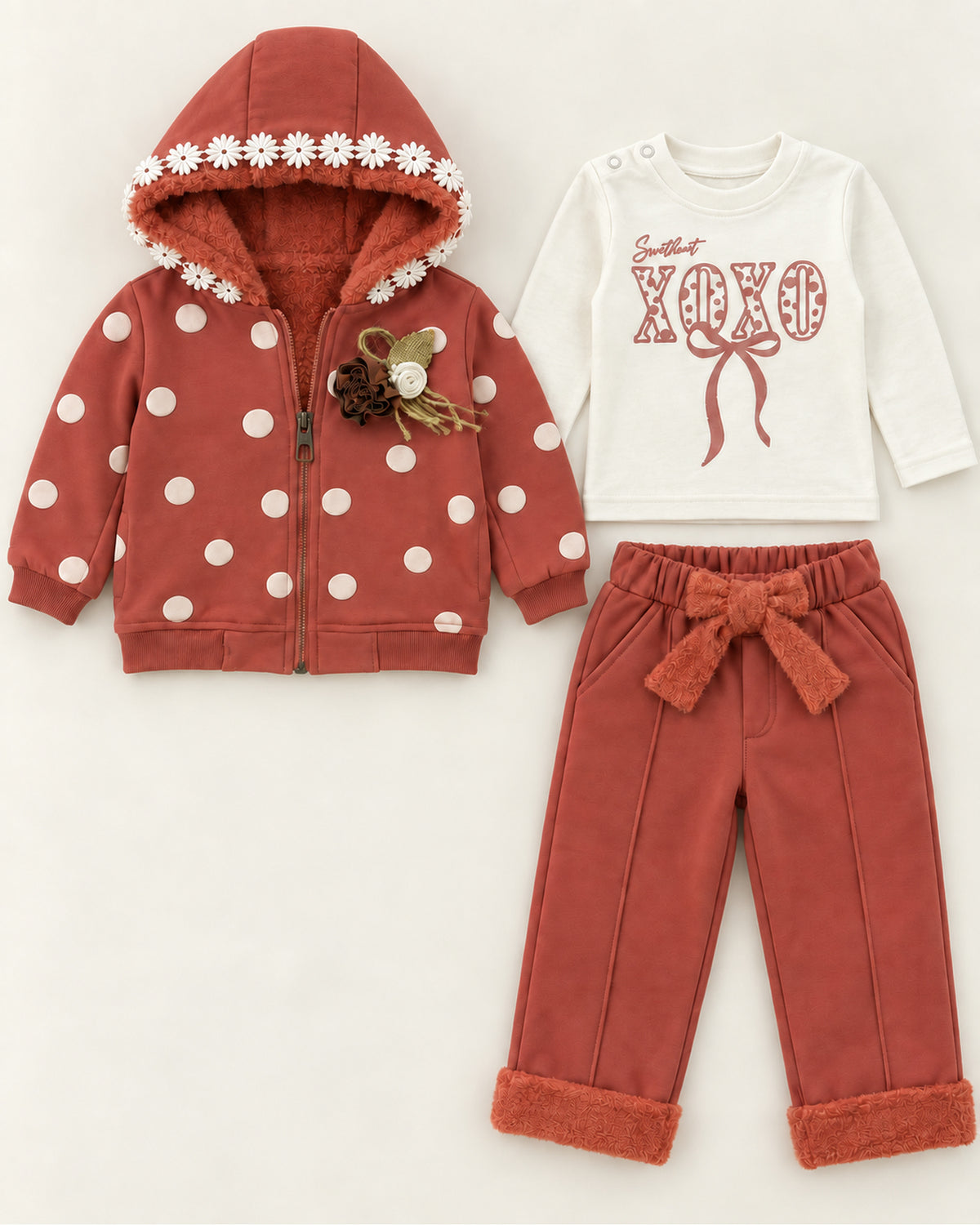 Brick red baby girl polka-dot hooded jacket, XOXO top and trousers set, complete outfit with all included pieces