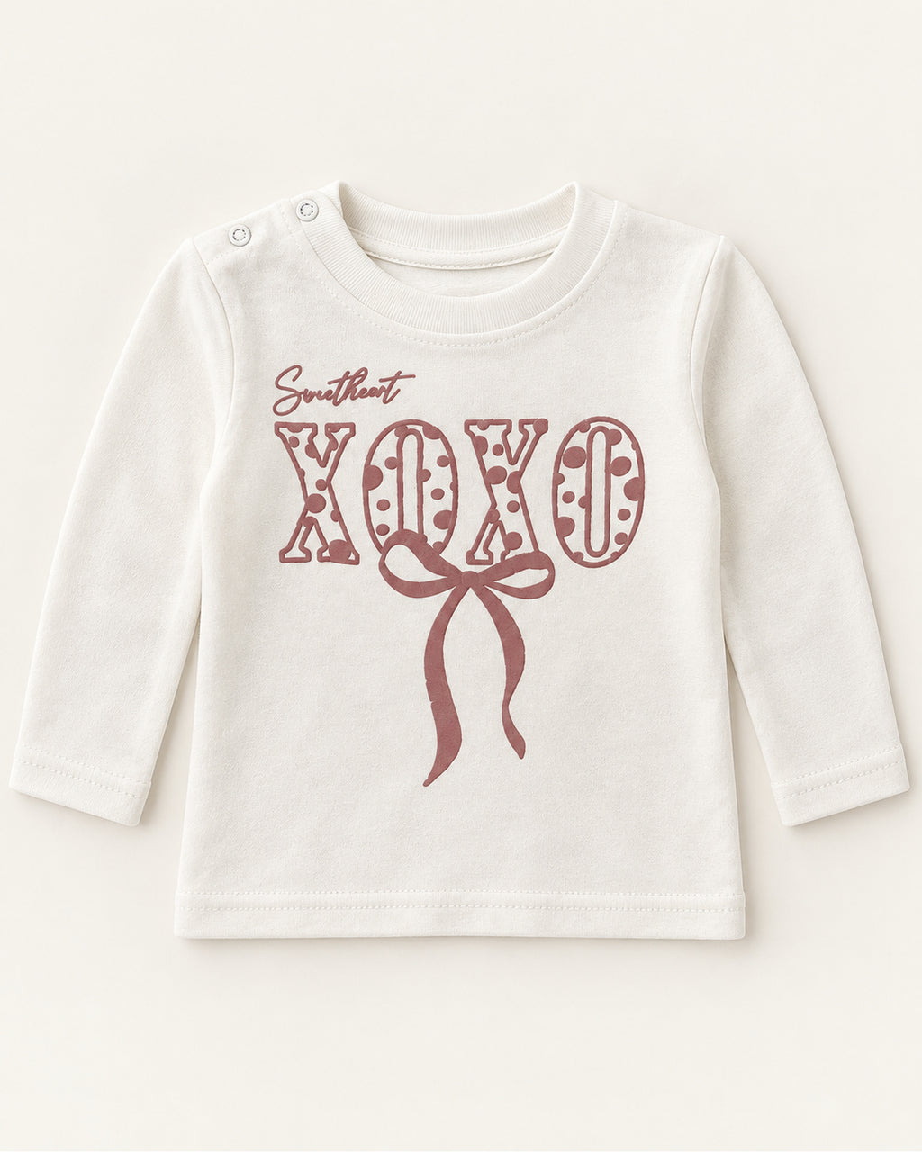 Brick red baby girl polka-dot hooded jacket, XOXO top and trousers set, ivory XOXO long-sleeve top with two shoulder press studs