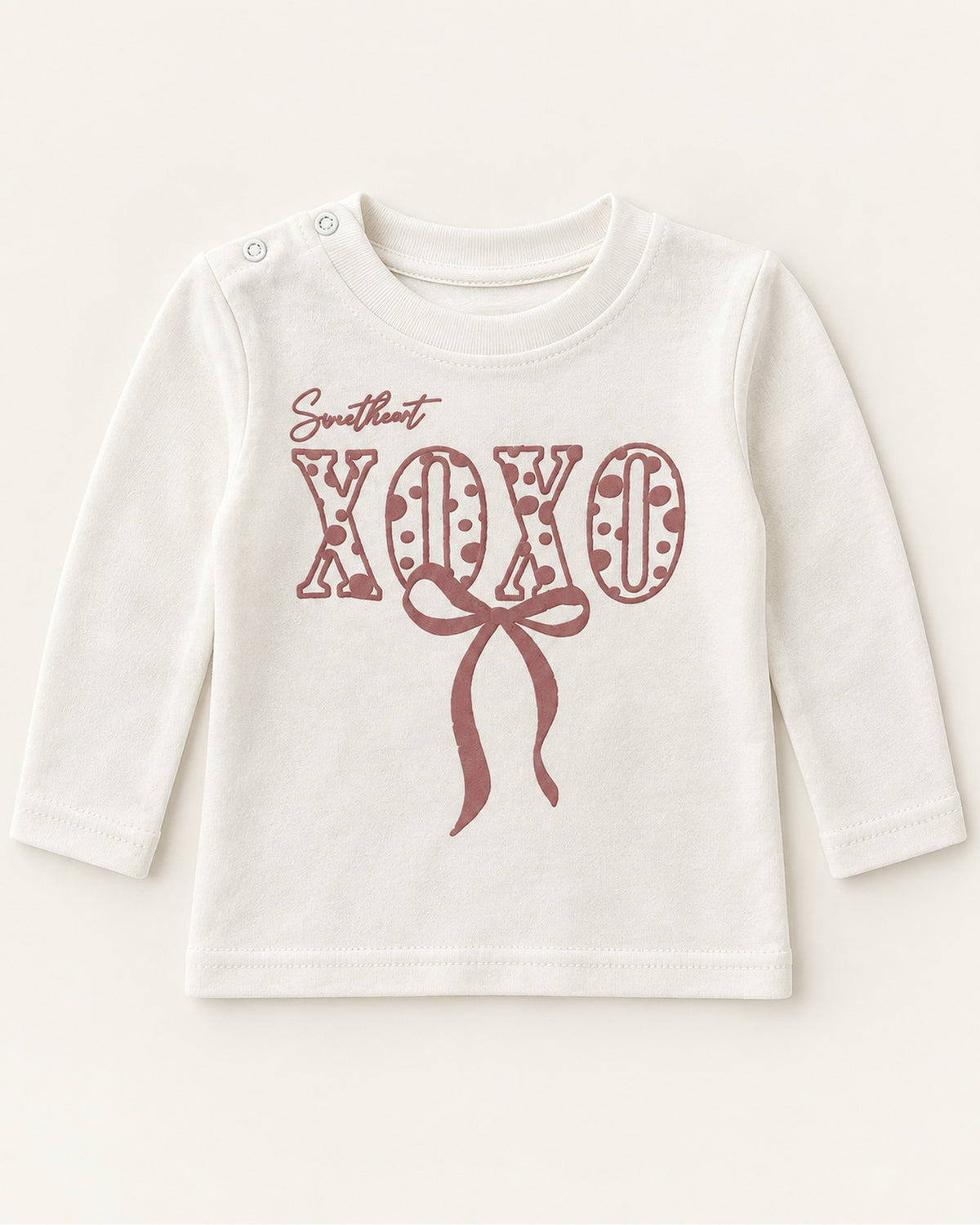 Brick red baby girl polka-dot hooded jacket, XOXO top and trousers set, ivory XOXO long-sleeve top with two shoulder press studs