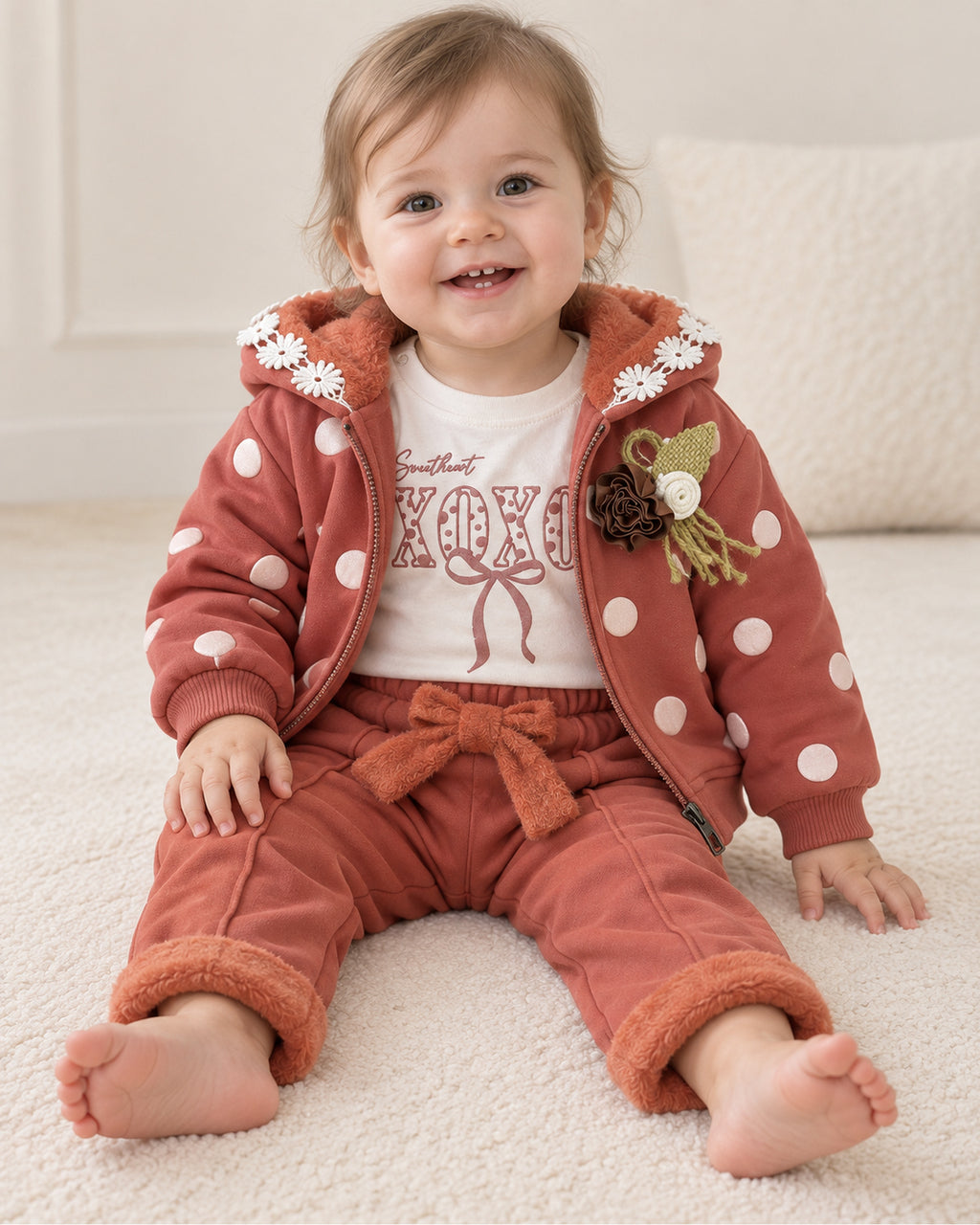 Brick red baby girl polka-dot hooded jacket, XOXO top and trousers set, complete three-piece outfit on a floor-seated baby girl