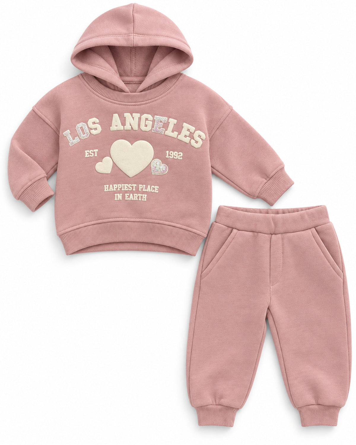 Dusty pink baby girl sequin-heart hoodie and joggers set, complete outfit with all included pieces