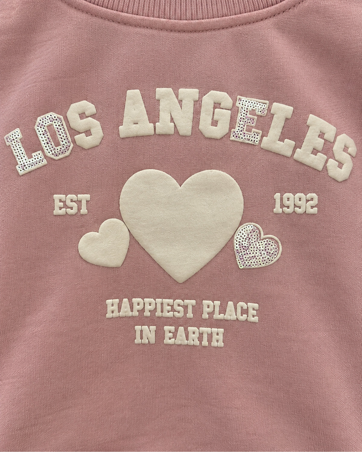 Dusty pink baby girl sequin-heart hoodie and joggers set, Los Angeles lettering and heart print with sequin accents