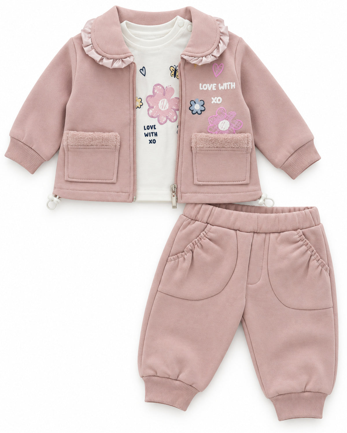 Dusty rose-pink baby girl satin-ruffle jacket, floral top and joggers set, complete outfit with all included pieces