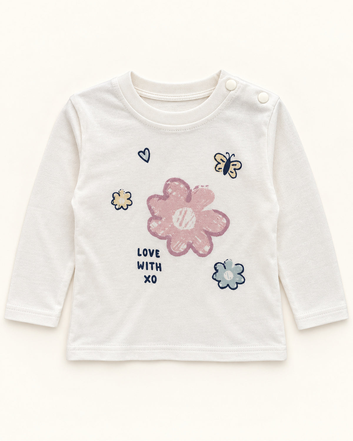 Dusty rose-pink baby girl satin-ruffle jacket, floral top and joggers set, ivory long-sleeve top with Love With XO floral print