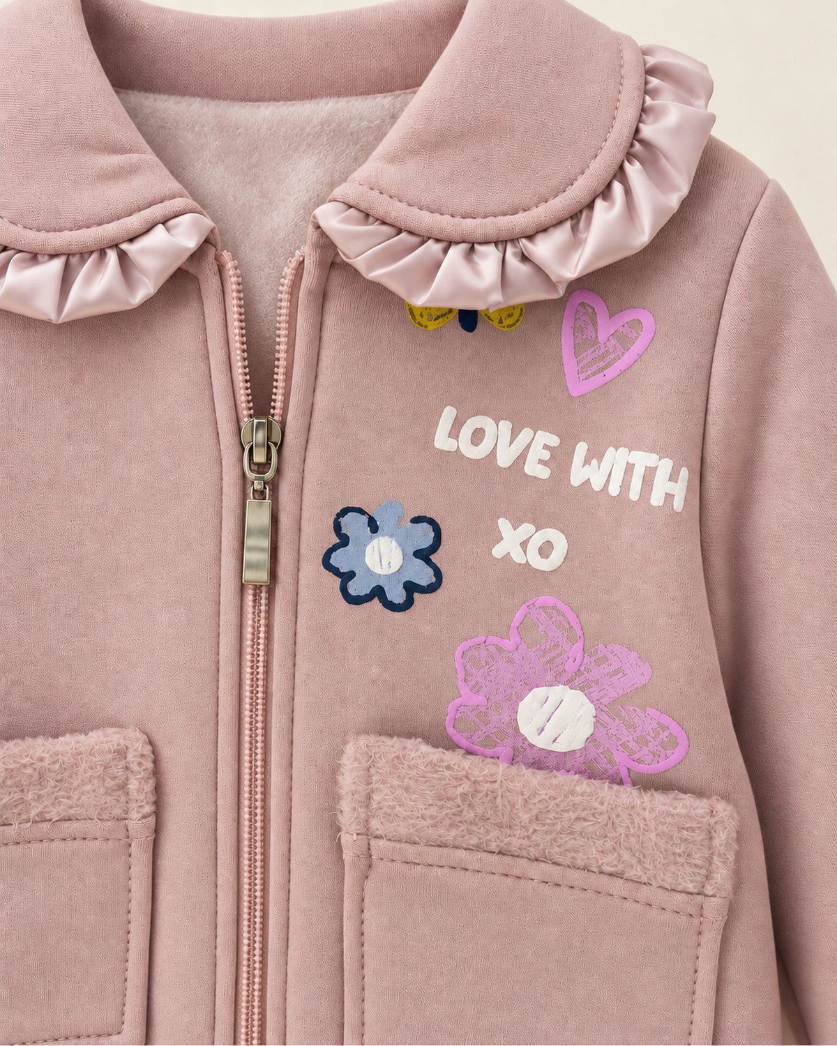 Dusty rose-pink baby girl satin-ruffle jacket, floral top and joggers set, satin-ruffled collar, floral print and plush-trimmed jacket pocket