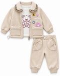 Cream beige baby girl three-piece set, satin-ruffle jacket and joggers with a white teddy bear LOVE top