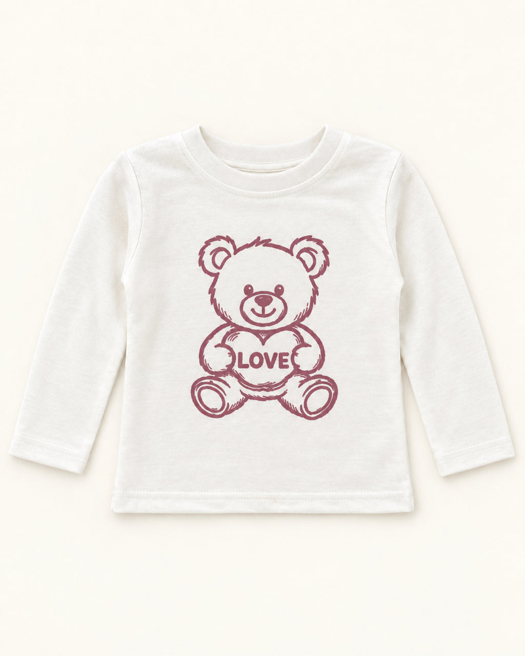 White long-sleeve baby top, mauve teddy bear holding a LOVE heart print