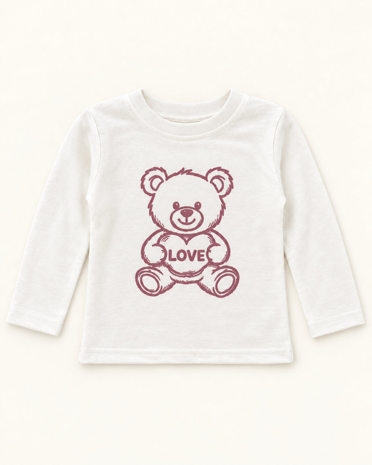 White long-sleeve baby top, mauve teddy bear holding a LOVE heart print