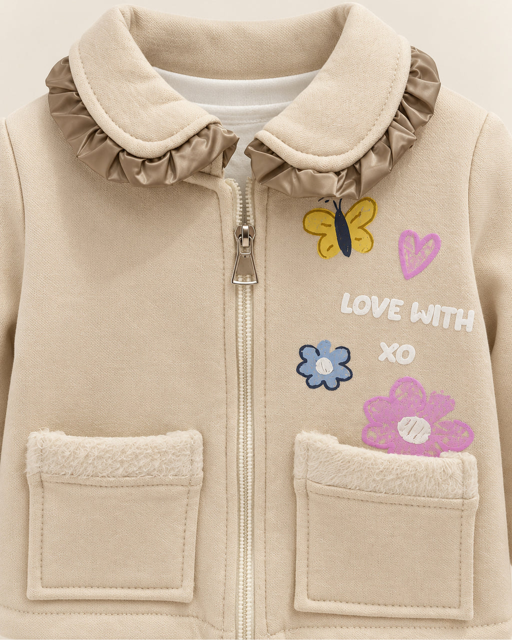 Cream beige baby girl satin-ruffle jacket, floral top and joggers set, satin-ruffled collar, floral print and plush-trimmed jacket pocket