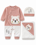 Dusty rose baby bear set, sleepsuit hat and blanket front view