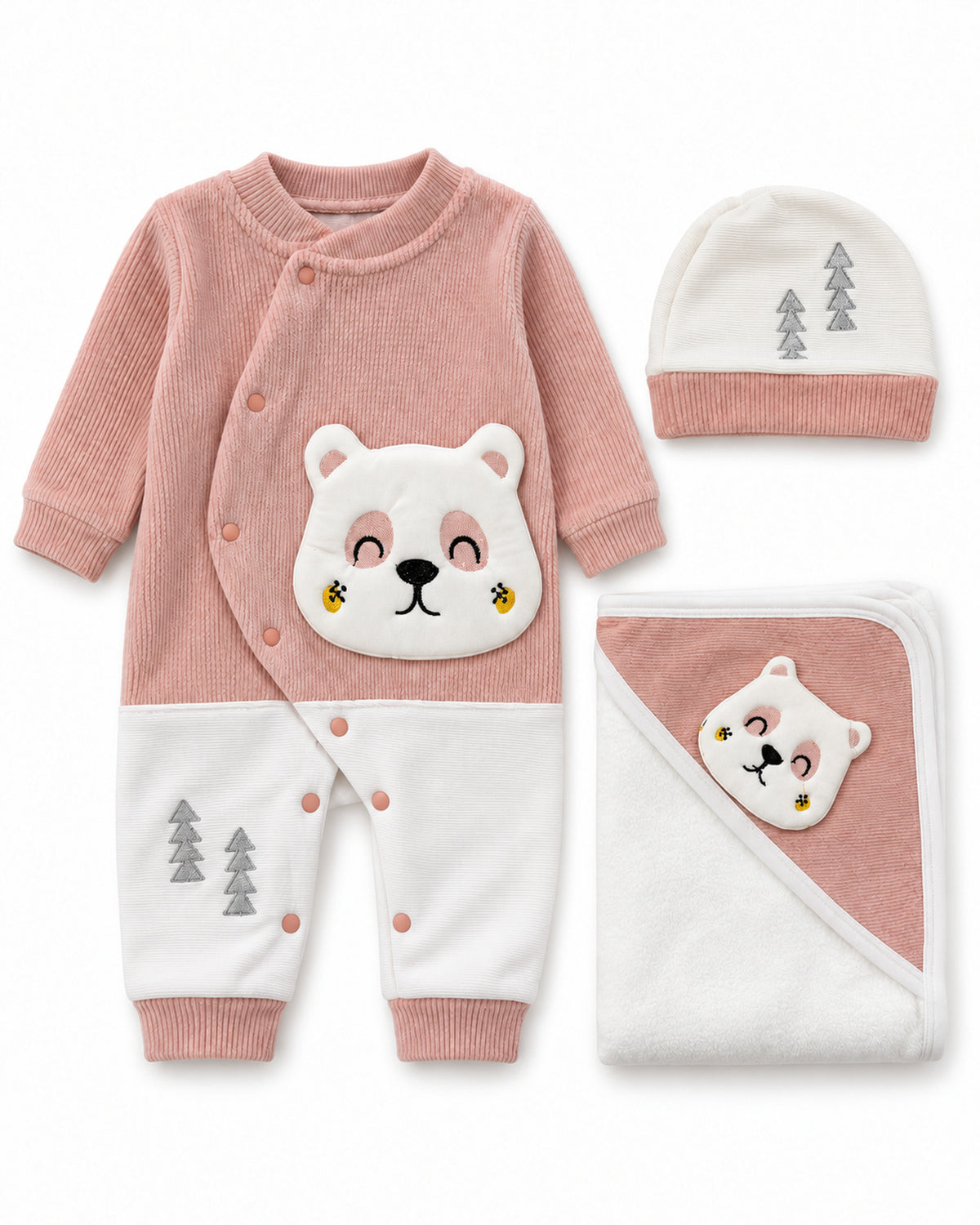 Dusty rose baby bear set, sleepsuit hat and blanket front view
