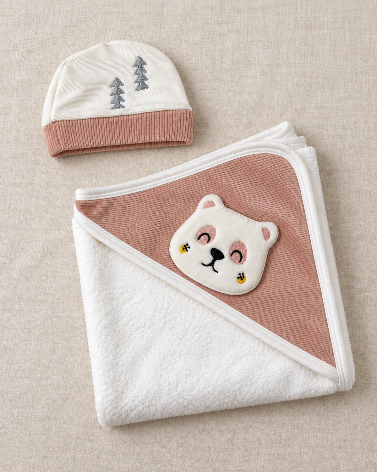 Dusty rose baby bear set, matching hat and blanket detail