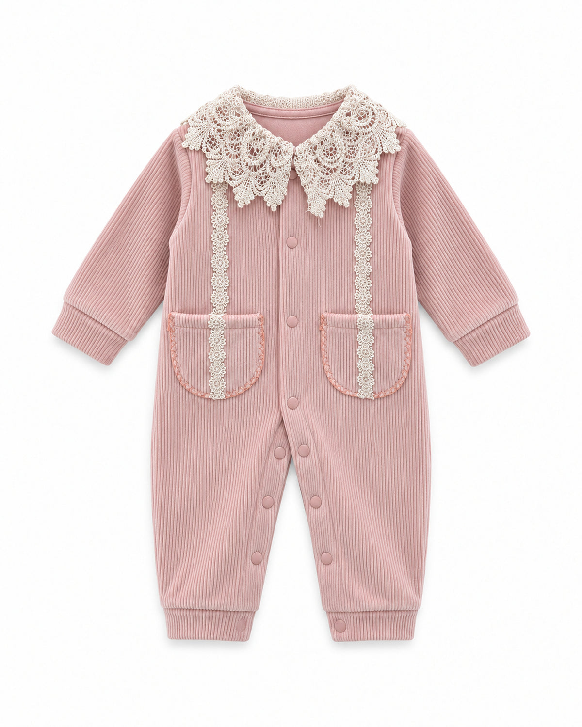 Dusty Rose baby lace collar sleepsuit, complete product front view