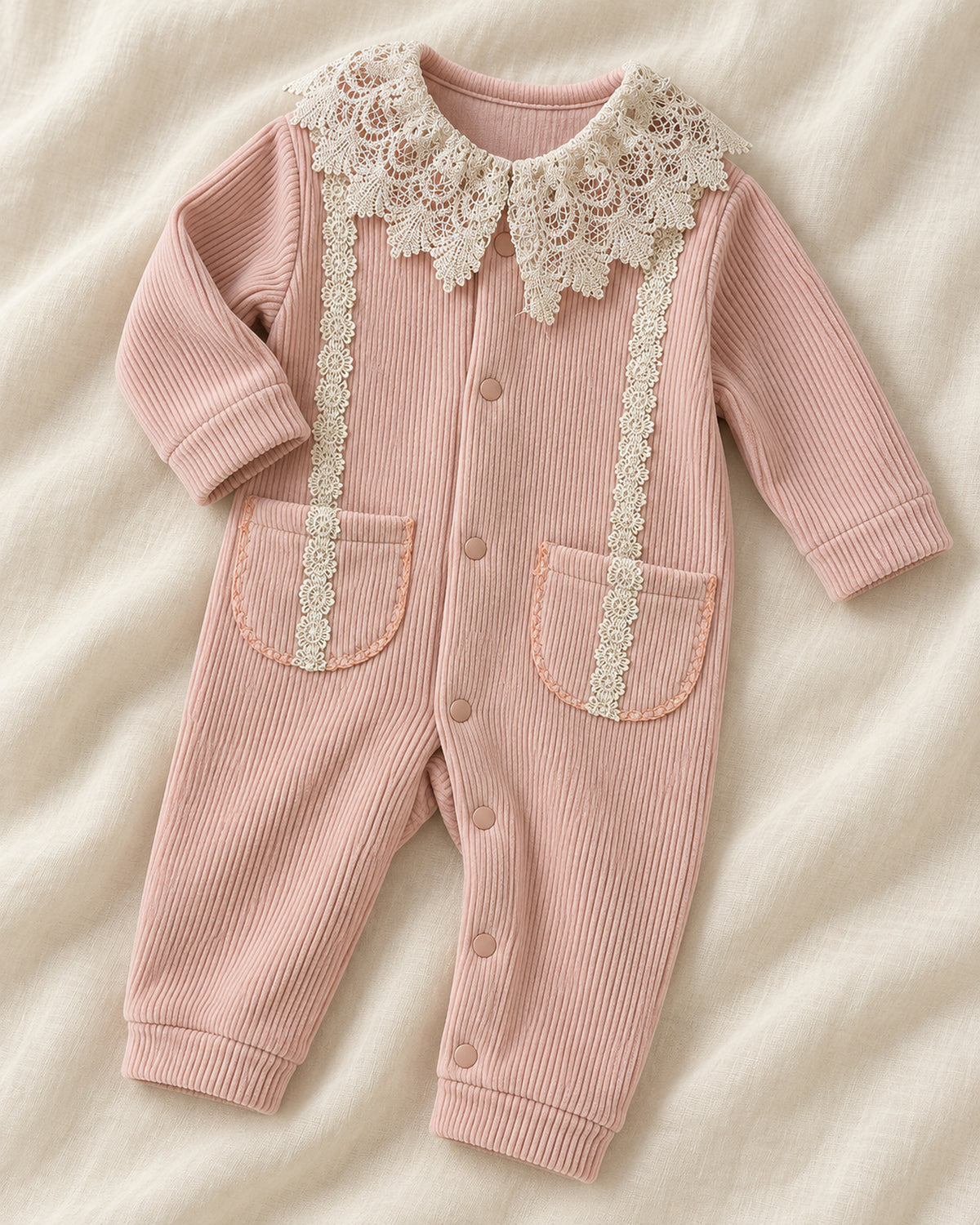 Dusty Rose baby lace collar sleepsuit, styled garment view