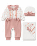 Dusty Rose baby bow set, complete product front view