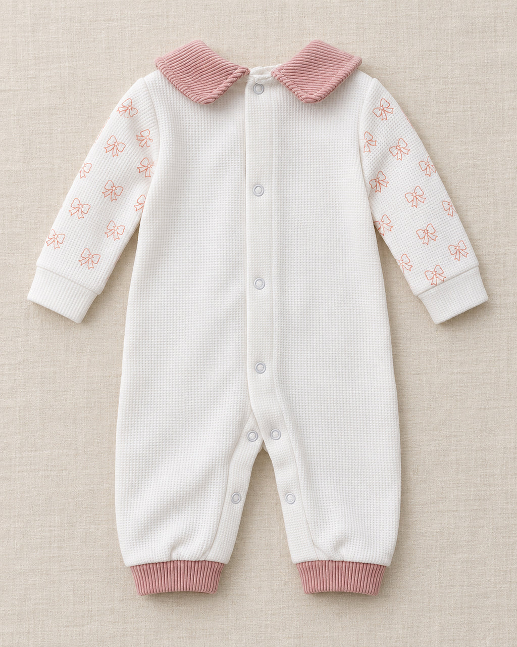 Dusty Rose baby bow set, full back and fastening view