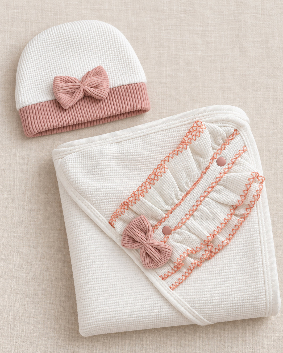 Dusty Rose baby bow set, matching accessories detail